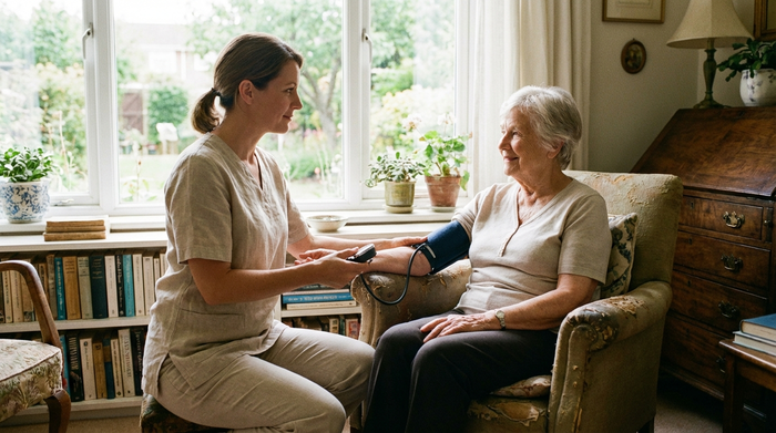 Eine medizinische Fachkraft misst sanft den Blutdruck einer älteren Frau, die gemütlich in ihrem Sessel am Fenster sitzt. Die Szene wirkt beruhigend, vertrauensvoll und professionell.