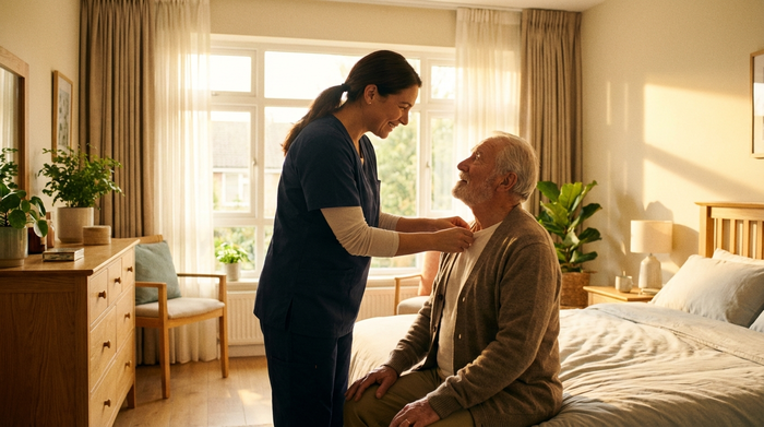 Eine einfühlsame Pflegekraft hilft einem älteren Herrn beim Richten der Kleidung im hellen Schlafzimmer. Warme Morgensonne fällt durch das Fenster. Friedliche und respektvolle Szene, aufgeräumtes Zimmer, keine Schriftzüge.