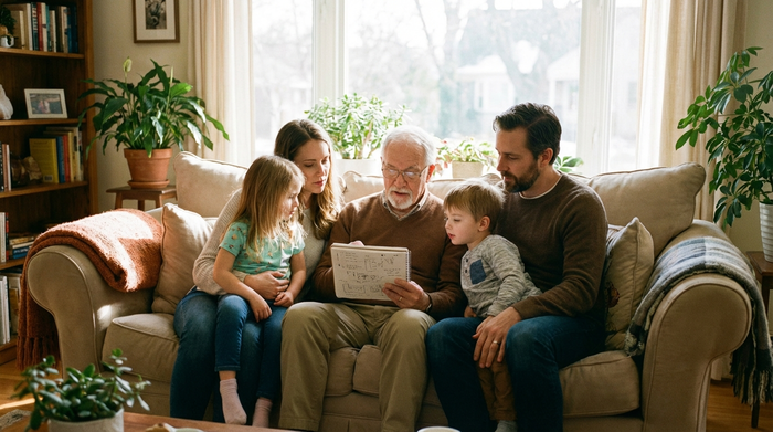 Eine Familie sitzt gemeinsam mit einem älteren Angehörigen auf einem bequemen Sofa im Wohnzimmer und bespricht konzentriert Notizen auf einem Notizblock. Helle, freundliche Beleuchtung, harmonische Stimmung, keine lesbaren Texte.
