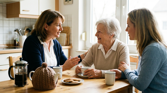 Eine professionelle Pflegedienstleitung im Gespräch mit einer Seniorin und deren Tochter am Küchentisch. Eine Kaffeekanne und Tassen stehen auf dem Tisch. Entspannte, vertrauensvolle Atmosphäre, helles Tageslicht, keine Texte.