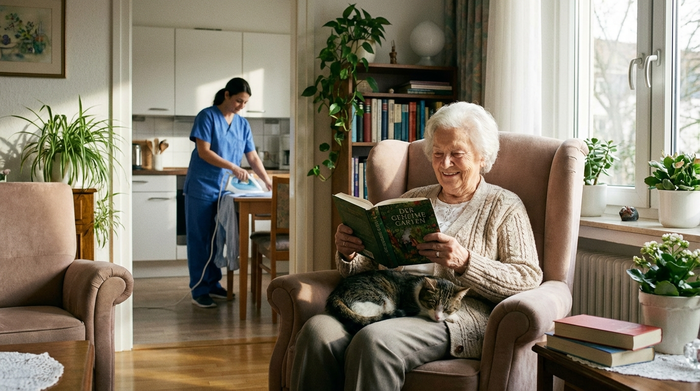 Eine ältere Frau sitzt entspannt in einem Sessel und liest ein Buch, während im Hintergrund eine Pflegekraft diskret im Haushalt hilft. Gemütliches, sauberes Wohnzimmer mit Zimmerpflanzen. Ruhige und entlastende Stimmung.