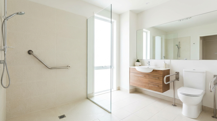 Ein modernes, helles und barrierefreies Badezimmer mit einer großzügigen, bodengleichen Dusche. An der Wand ist ein eleganter Haltegriff montiert. Sauberes, sicheres Design, rutschfeste Fliesen, keine Menschen, keine Texte.