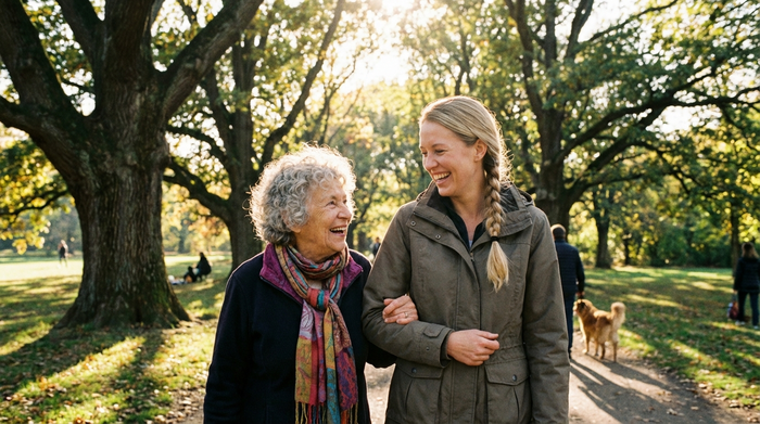 Eine ältere Frau und eine Betreuerin spazieren gemeinsam lachend durch einen grünen Park mit großen Bäumen. Sonniges Wetter, harmonisches Miteinander, Fokus auf soziale Interaktion und Begleitung.