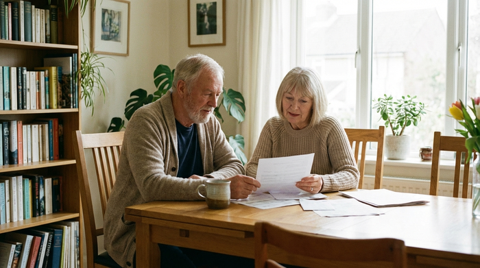 Ein älteres Ehepaar sitzt gemeinsam am Esstisch und betrachtet entspannt Dokumente. Eine Tasse Kaffee steht daneben. Ruhige, aufgeräumte häusliche Szene, sanftes Tageslicht.