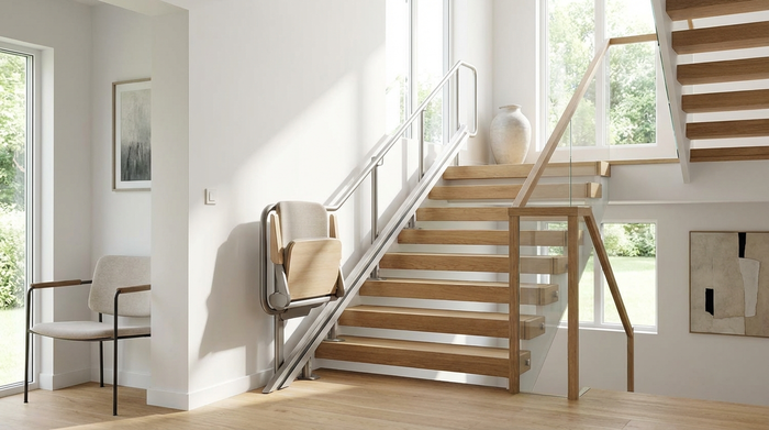 Ein moderner, unauffälliger Treppenlift in einem gepflegten, hellen Treppenhaus eines Einfamilienhauses. Hochwertige Holzstufen, sicheres Wohnumfeld, keine Personen im Bild, klare Linien.