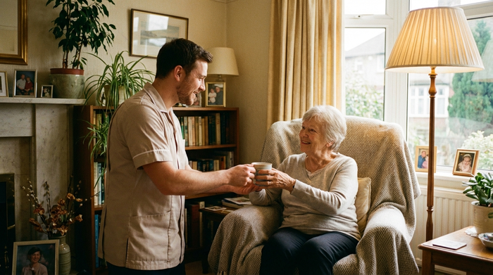 Ein freundlicher Pflegehelfer reicht einer älteren Dame in einem hellen, gemütlichen Zimmer eine Tasse Tee, warme Beleuchtung, realistische und respektvolle Szene.