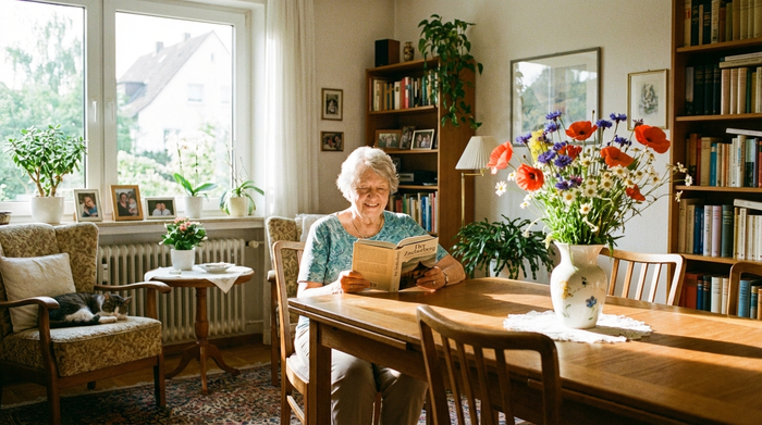 Eine ältere Frau sitzt entspannt am Esstisch und liest ein Buch, auf dem Tisch steht eine Vase mit frischen Blumen, sonnendurchflutetes Wohnzimmer.