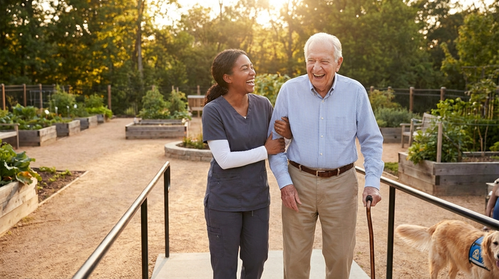 Eine professionelle Pflegekraft unterstützt einen Senior beim Spaziergang im eigenen Garten, beide lachen herzlich, sonniger Nachmittag, gepflegte und sichere Umgebung.