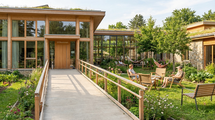 Ein modernes, einladendes Gebäude mit großen Fenstern und einem rollstuhlgerechten Eingangsbereich, umgeben von einem grünen Garten mit gemütlichen Sitzgelegenheiten.