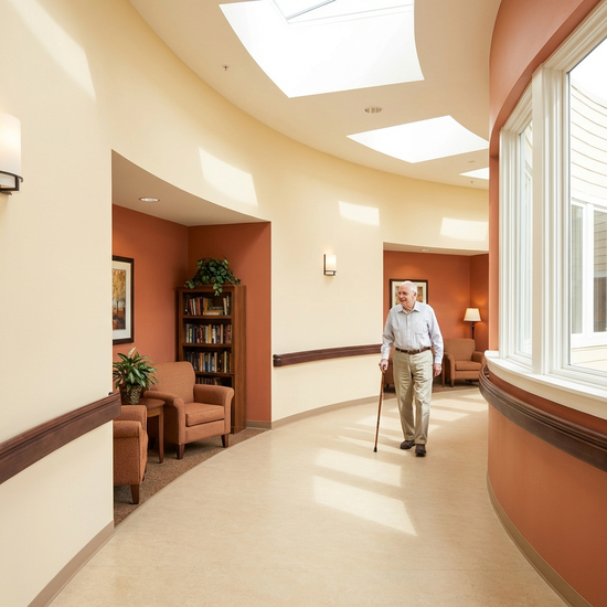 Ein heller Flur in einer Pflegeeinrichtung, der als Rundlaufweg gestaltet ist. Warme Farben an den Wänden, farblich abgesetzte Handläufe und gemütliche Sitznischen. Eine ältere Person spaziert entspannt den Gang entlang. Realistische, freundliche Szene ohne Text.