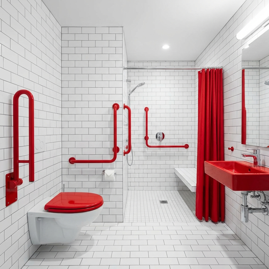 Ein seniorengerechtes Badezimmer mit starken Farbkontrasten. Ein roter Toilettensitz und farblich abgesetzte rote Haltegriffe heben sich deutlich von den weißen Fliesen ab. Modern, sauber und sicher gestaltet.