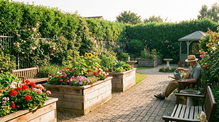 Ein wunderschöner, hoch umzäunter Demenzgarten im Sonnenschein. Der Zaun ist geschickt durch dichte, grüne Hecken kaschiert. Hochbeete mit bunten Blumen und ein gepflasterter Spazierweg laden zum Verweilen ein. Ein älterer Herr gießt entspannt die Pflanzen.