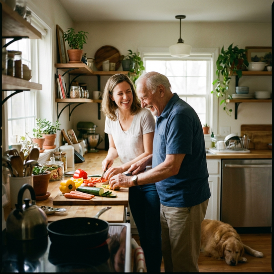 Eine liebevolle Betreuerin kocht gemeinsam mit einem älteren Mann in einer gemütlichen, privaten Küche. Beide lachen und schneiden frisches Gemüse. Eine harmonische häusliche Pflegesituation in vertrauter Umgebung.