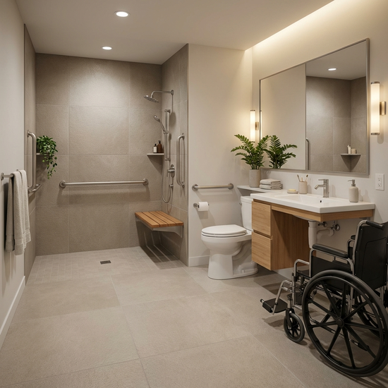 Ein modernes, barrierefreies Badezimmer mit einer bodengleichen Dusche, rutschfesten Fliesen und eleganten Haltegriffen. Eine saubere, sichere und stilvolle Umgebung für Senioren.