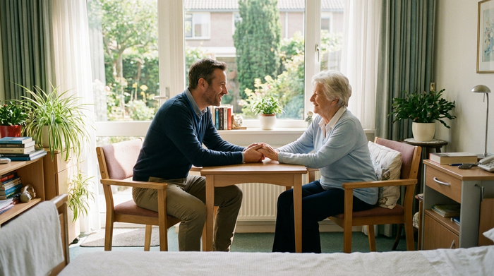 Ein freundlicher, professioneller Sozialarbeiter im Gespräch mit einer älteren Dame in einem hellen Krankenhauszimmer. Beide sitzen an einem kleinen Tisch, die Atmosphäre ist unterstützend und ruhig.
