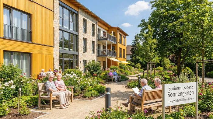 Ein gepflegtes, modernes Pflegeheim von außen mit einem schönen, grünen Garten. Ältere Menschen sitzen entspannt auf Bänken in der Sonne. Helle Fassade, einladende Umgebung.