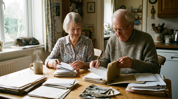 Ein älteres Ehepaar sitzt am Küchentisch und sortiert in ruhiger, konzentrierter Atmosphäre Dokumente. Eine warme Tasse Kaffee steht auf dem Tisch. Natürliches Tageslicht fällt durch das Fenster.