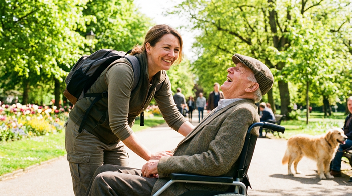 Eine engagierte, freundliche Pflegekraft lacht gemeinsam mit einem Senioren im Rollstuhl beim Spaziergang durch einen sonnigen Park. Fröhliche, unbeschwerte Stimmung, leuchtende grüne Bäume.