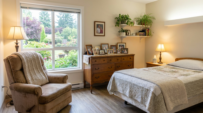 Ein gemütlich eingerichtetes Einzelzimmer in einer Seniorenresidenz. Bequemer Sessel, persönliche Bilderrahmen auf einer Kommode, ein großes Fenster mit Blick ins Grüne. Sehr sauber und einladend.