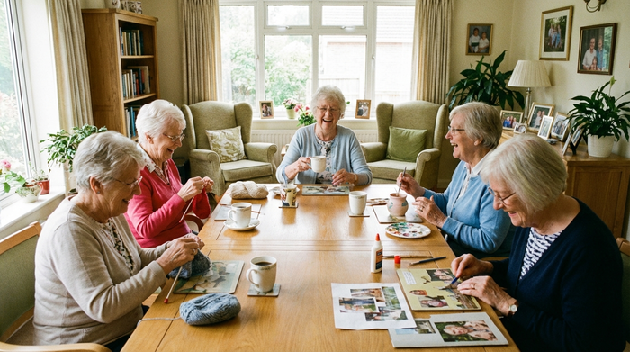 Eine Gruppe von Senioren sitzt fröhlich an einem großen Holztisch, trinkt Kaffee und bastelt gemeinsam. Helles Tageslicht, freundliche Gesichter, gemütliche Einrichtung im Hintergrund, realistische Fotografie.