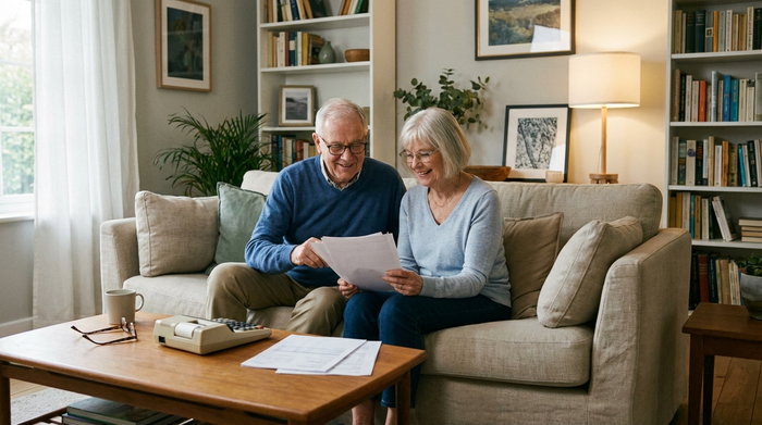 Ein älteres Ehepaar sitzt entspannt auf einem Sofa und schaut sich gemeinsam Dokumente an. Ein Taschenrechner liegt auf dem Tisch. Ruhige, aufgeräumte Wohnzimmeratmosphäre, weiches Licht, realistisch.