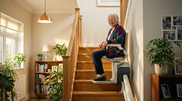 Eine rüstige Seniorin fährt mit einem modernen Treppenlift sicher und lächelnd die Treppe in einem hellen, gepflegten Einfamilienhaus hinauf. Warme Beleuchtung, realistische Szene ohne Text.