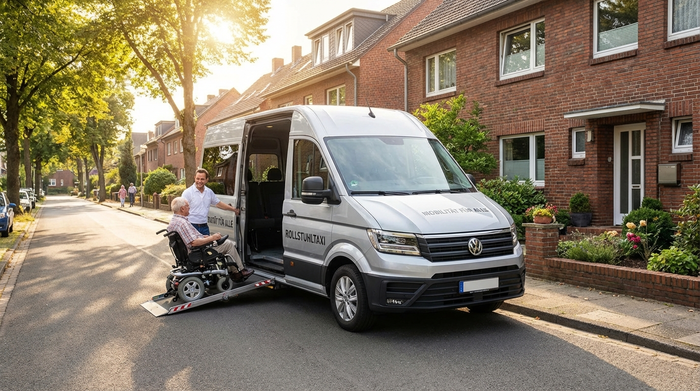 Ein moderner, rollstuhlgerechter Kleinbus hält vor einem gepflegten Haus. Ein freundlicher Fahrer hilft einem Senior beim Einsteigen. Sonniges Wetter, städtische Umgebung, realistischer Stil.