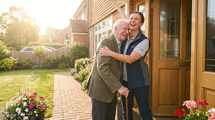 Eine lächelnde Pflegekraft begrüßt einen Senior an der Haustür eines gepflegten Einfamilienhauses. Der Senior trägt eine Jacke und stützt sich auf einen Gehstock. Vertrauensvolle und herzliche Begrüßung am Morgen im hellen Sonnenlicht.