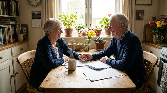 Ein älteres Ehepaar sitzt gemeinsam am Küchentisch und betrachtet erleichtert einige Dokumente. Eine Tasse Kaffee steht auf dem Tisch. Gemütliche, helle Wohnatmosphäre mit Pflanzen im Hintergrund.