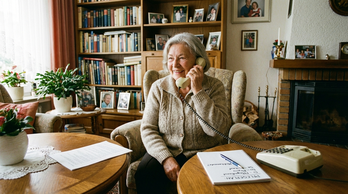 Eine ältere Dame telefoniert lächelnd mit einem Festnetztelefon in ihrem gemütlichen Wohnzimmer. Neben ihr liegt ein Notizblock mit einem Stift auf dem Tisch. Vorbereitung und Planung der Pflegesituation.