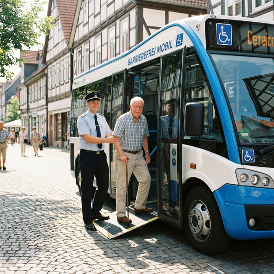 Ein moderner, rollstuhlgerechter Kleinbus hält an einer sonnigen Straße. Ein freundlicher Fahrer hilft einem lächelnden Senior mit Gehstock behutsam beim Einsteigen.