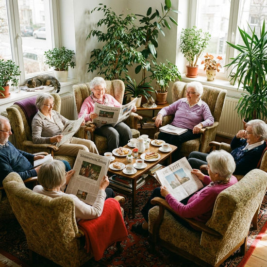Senioren sitzen in einer gemütlichen Runde in bequemen Ruhesesseln, lesen Zeitung und unterhalten sich entspannt in einem hellen Raum mit vielen grünen Zimmerpflanzen.