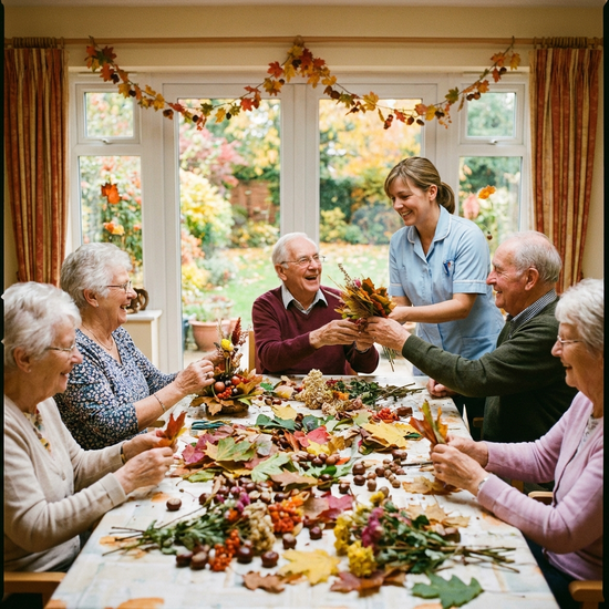 Eine Gruppe fröhlicher Senioren bastelt an einem großen Tisch herbstliche Gestecke mit bunten Blättern und Kastanien. Eine Betreuungskraft reicht lächelnd Bastelmaterialien an.