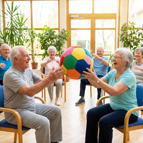 Ein älterer Herr und eine ältere Dame werfen sich im Sitzen lachend einen weichen, bunten Gymnastikball zu, umgeben von anderen Senioren in einem hellen Gymnastikraum.