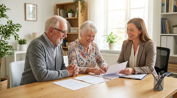 Ein älteres Ehepaar sitzt mit einer freundlichen Pflegeberaterin an einem hellen Schreibtisch. Sie betrachten gemeinsam Dokumente, nicken zustimmend und lächeln erleichtert.