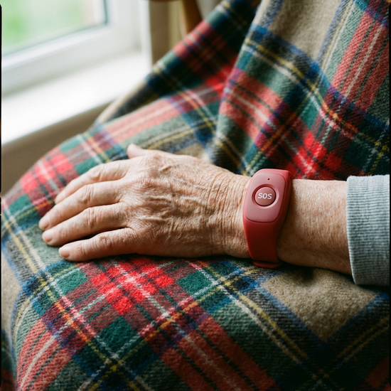 Eine Senioren-Hand mit einem modernen, roten Hausnotruf-Armband am Handgelenk, ruhend auf einer weichen, karierten Wolldecke.