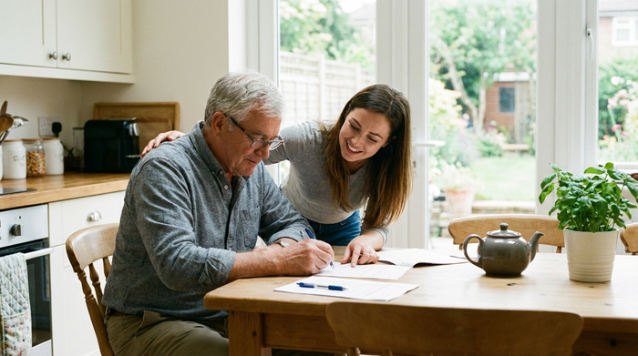Ein älterer Herr sitzt entspannt an einem aufgeräumten Küchentisch und füllt gemeinsam mit einer jüngeren Angehörigen Dokumente aus. Helles Tageslicht fällt durch das Fenster, harmonische und unterstützende Stimmung.