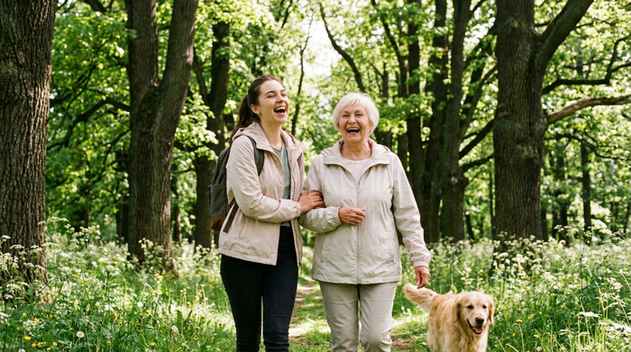 Eine junge Alltagsbegleiterin und eine Seniorin spazieren fröhlich durch einen grünen Park mit alten Bäumen. Die Sonne scheint, beide tragen leichte Übergangsjacken und lachen miteinander.