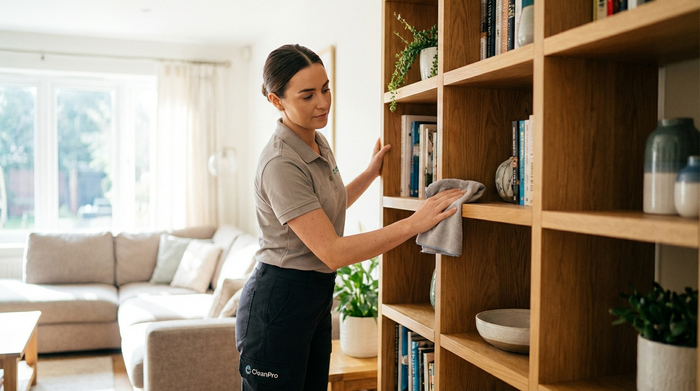 Eine professionelle Reinigungskraft in gepflegter, neutraler Arbeitskleidung wischt mit einem weichen Tuch sorgfältig den Staub von einem Holzregal in einem hellen Wohnzimmer. Im Hintergrund leichte Unschärfe.
