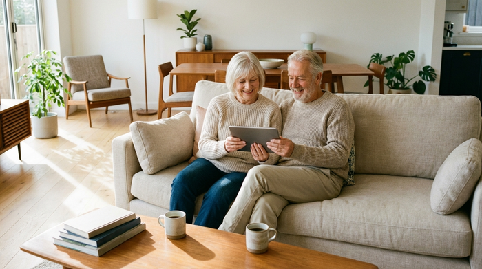 Ein älteres Ehepaar sitzt auf einem bequemen Sofa und schaut zufrieden auf ein Tablet. Auf dem Couchtisch stehen zwei Kaffeetassen. Helle, moderne Einrichtung, entspannte Atmosphäre.