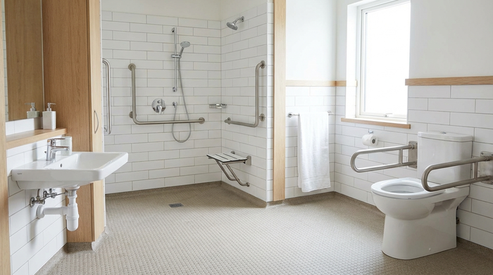 Ein modernes, barrierefreies Badezimmer mit einer bodengleichen Dusche, rutschfesten Fliesen und stabilen Haltegriffen an den Wänden. Helles, sauberes und sicheres Ambiente, ohne Personen im Bild.