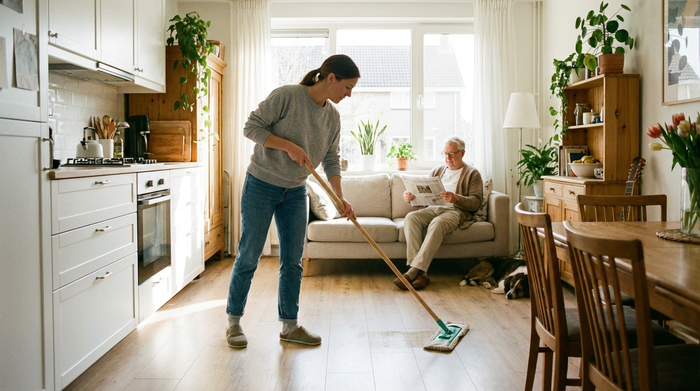 Eine ordentliche, helle Küche, in der eine Person in unauffälliger Alltagskleidung den Fußboden wischt, während eine ältere Person im Hintergrund entspannt auf dem Sofa liest.