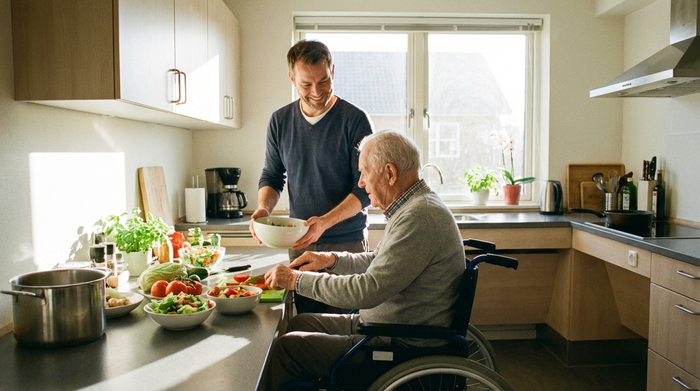 Ein geduldiger, männlicher Alltagsbegleiter hilft einem älteren Herrn beim gemeinsamen Zubereiten eines frischen Salats in einer sonnendurchfluteten, barrierefreien Küche.