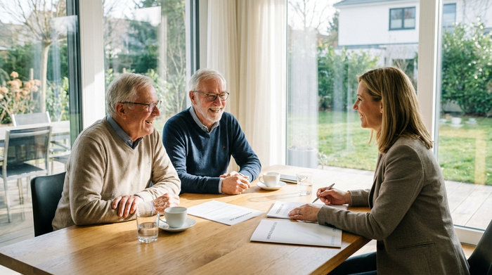 Ein älteres Ehepaar sitzt mit einer Beraterin am Tisch und schaut sich gemeinsam Dokumente an, eine entspannte und vertrauensvolle Atmosphäre, helle Umgebung.