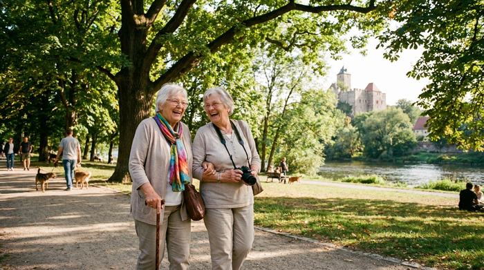 Zwei ältere Frauen spazieren fröhlich an einem sonnigen Tag durch einen grünen Park in Halle an der Saale, umgeben von alten Bäumen.
