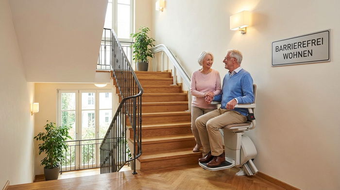 Ein moderner, unauffälliger Treppenlift in einem gepflegten Treppenhaus eines Mehrfamilienhauses, der Sicherheit und Mobilität für Senioren ausstrahlt.
