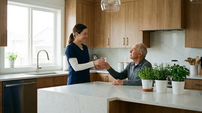 Eine engagierte Betreuungskraft reicht einem älteren Herrn liebevoll ein Glas Wasser. Sie befinden sich in einer sauberen, modernen Küche. Sanftes Tageslicht fällt durch das Fenster.