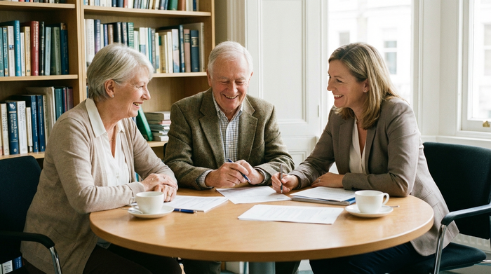 Ein älteres Ehepaar sitzt mit einer Beraterin an einem runden Tisch und bespricht entspannt Dokumente. Die Atmosphäre ist ruhig, professionell und vertrauensvoll.
