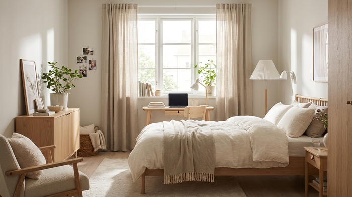 Ein modern eingerichtetes, helles und gemütliches Gästezimmer für eine Pflegekraft. Ein frisch bezogenes Bett, ein kleiner Schreibtisch und ein sonniges Fenster schaffen eine einladende Atmosphäre.