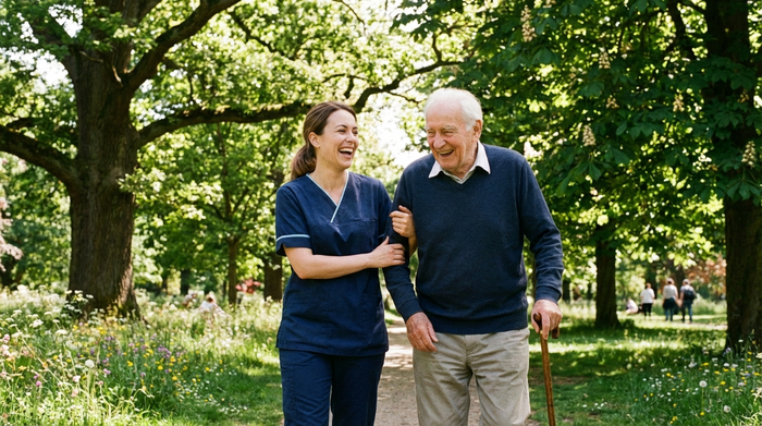 Eine Pflegerin und ein Senior spazieren fröhlich durch einen sonnigen Park mit alten Bäumen. Der Senior stützt sich leicht auf einen Gehstock, beide lachen herzlich.